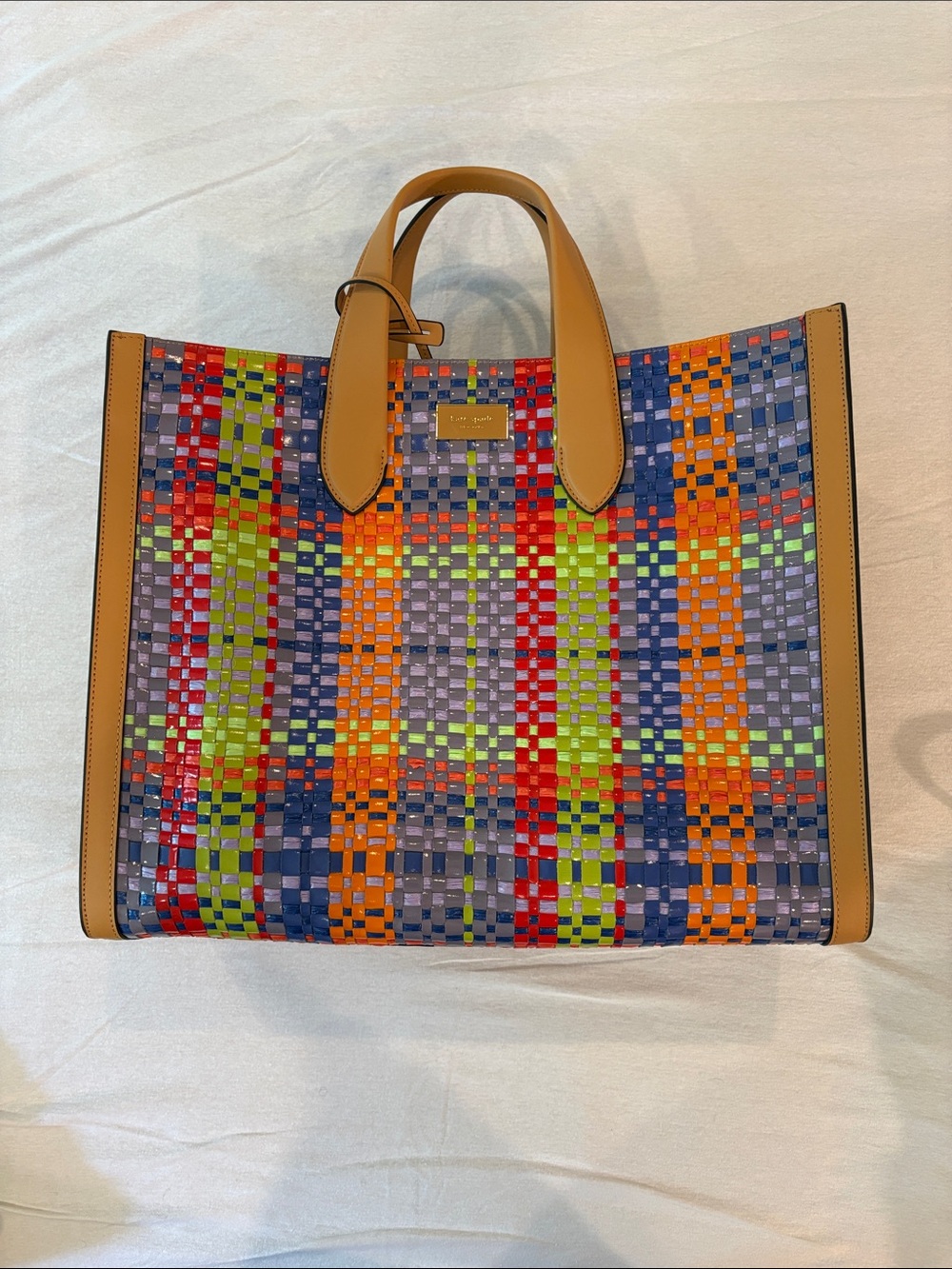 kate spade Multicolor Woven Tote with Tan Leather Handles